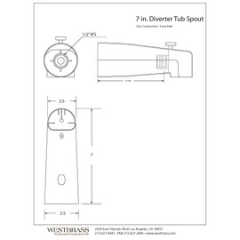 Westbrass A507D-1F-26 A507D-1F 7" Reach Wall Mount Tub Spout with Diverter, Polished Chrome