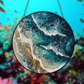JUNWALL Sea Wave Acrylic Window Hanging, Ocean Waves Stained Acrylic Window Decor Hanging Ornaments Indoor Outdoor Garden Stained Art Panel Gift for Women Christmas Thanksgiving