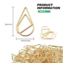 Gold Water Drop Paper Clips, 200 Pcs Paperclips Metal Teardrop Paper Clips Golden Water Drop Shaped Paperclips for Books 25 x 16mm