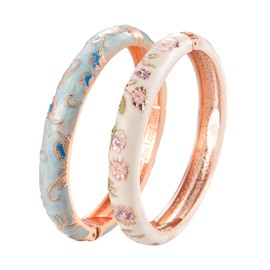 UJOY Vintage Jewelry Cloisonne Handcrafted Enamel Flower Gorgeous Bracelets Gold Hinged Cuff Bangles Gifts 55A18-55A108 White Blue