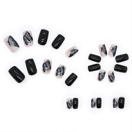 Medium Press on Nails Square Fake Nails Black Glossy Acrylic Nails Full Cover with Butterfly Designs Stick on Nails French Nude False Nails Elegant Art Nails for Women and Girls 24 PCS Manicure