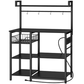 HOOBRO Kitchen Bakers Rack with Power Outlet, Coffee Bar, Microwave Oven Stand with Mesh Basket, Coffee Station with 4 S-Shaped Hook, Kitchen Shelf, for Kitchen, Living Room, Black BB05HB01