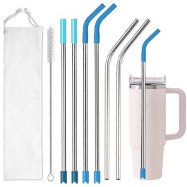 16-Piece Reusable 316 Stainless Steel Straws Set with Silicone Tips - 4 Straight & 2 Bent 8.5" Straws, Cleaner Brush, Pouch | Food-Safe, Gum Comfort, Scratch-Free Base