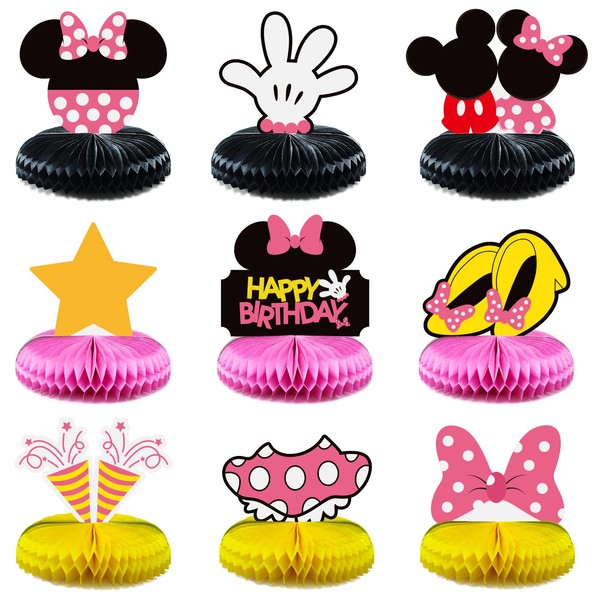 9 Pcs Minnie Honeycomb Centerpieces 3D Table Decorations for Kids Mouse Birthday Theme Party Decoration Double Sided Party Favor Supplies Photo Booth Props