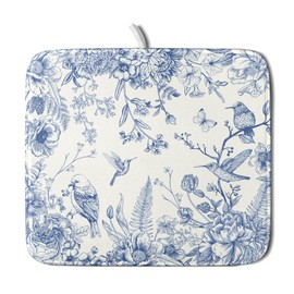 Chinoiserie - Tapete de secado de platos, 16 x 18 pulgadas, color azul y blanco, flores florales, súper absorbente, de microfibra, para mostrador de cocina, cafetería, bar
