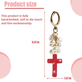 KHGUZ Bling Car Keychain, Pearl Crystal Rhinestones Cross Vehicle Key Chain, Automotive Keyring Accessories, Universal Fit (Red)