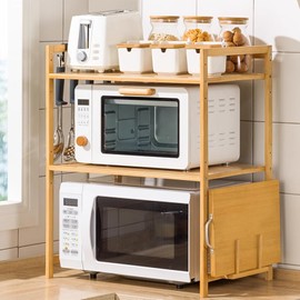 ILWorkTLs 2 Tier Bamboo Kitchen Countertop Microwave Shelf with 4 Hooks,Adjustable Spice Rack,Kitchen Counter Storage Shelf,Wood Color