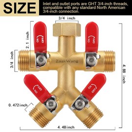 Garden Hose Splitter, 4-Way Full Flow Outdoor Faucet, Heavy Duty Brass Hose Manifold Wiht Red Long Handle, High Flow Faucet Adapter, 3/4-Inch GHT