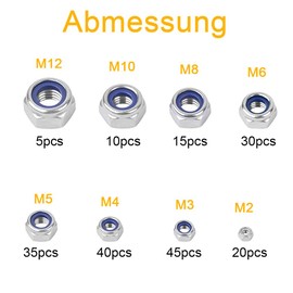 WJMY Self-Locking Nuts Hex Nuts 200 Pieces 304 Stainless Steel Lock Nuts Set Locking Nuts Stop Nuts M2 M3 M4 M5 M6 M8 M10 M12