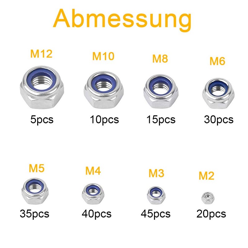 WJMY Self-Locking Nuts Hex Nuts 200 Pieces 304 Stainless Steel