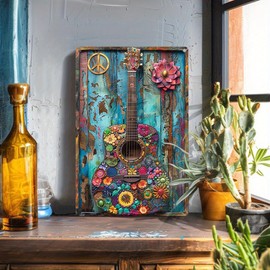 Vintage Hippie Guitar Aluminum Tin Sign: 8x12 Inch (20x30cm), Wall-Mountable, No Electricity Required, Perfect for Home Decor