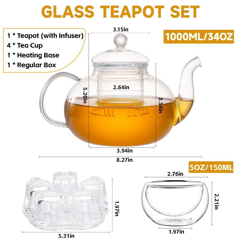 GURUDAR Glass Teapot Set, 34OZ/1000ML Glass Tea Kettle with Loose