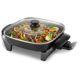 Elite Gourmet 12"x12"x2.15” Ceralast™ PFAS Free Ceramic Electric Skillet, Dishwasher Safe, Rapid Heat Up, 1200W, Dark Grey