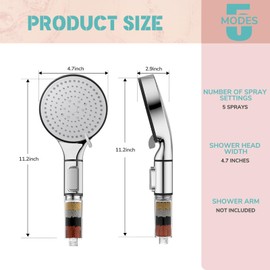 Filtered Shower Head with Handheld, HURRAN 5-Spray Mode High Pressure Shower Heads with Filter, Detachable Handheld Showerhead with ON/OFF Switch, Water Softener Filters Beads Replacement (Head ONLY)