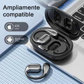 EWTTO Audífonos Inalámbricos Bluetooth 5.4 Deportivos con Ganchos Códec LDAC de Audio de Alta Resolución Controlador de 16,2 mm, Diseño Ligero de Oreja Abierta， Tiempo de Juego 5 Hora(Negro,M75)
