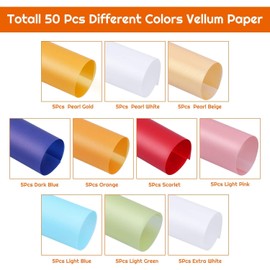 Colored Vellum Paper, 50 Sheets 10 Colors Transparent Vellum Paper 8.5 x 11 Translucent Printable Clear Vellum Sheets for Printing Drawing Ink Jet Laser Printer