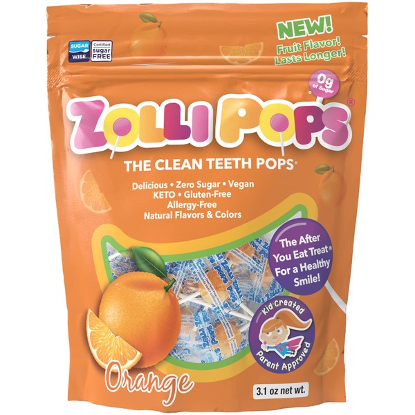 Zollipops Clean Teeth Lollipops AntiCavity Sugar Free Candy with Xylitol for a Healthy Smile Great for Kids Diabetics and Keto Diet 3.1oz, Orange, 15 Count
