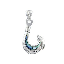 Unique Hawaiian Genuine Paua Shell Fish Hook Necklace, Sterling Silver Abalone MOP Fish Hook Pendant, N8851B