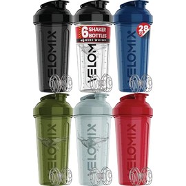 VELOMIX -6 PACK- 28 oz Protein Shaker Bottle for Protein Mixes -6x Wire Whisk | Leak Proof Shaker Cups for Protein Shakes | Large, Stackable Protein Shaker Bottle Pack