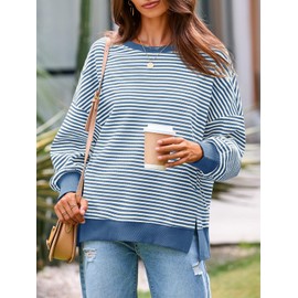 Fisoew Women Fall Oversized Sweatshirt Casual Waffle Knit Long Sleeve Crewneck Split Pullover Tunic Tops Navy
