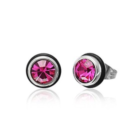 Brass Stud Earrings Silver Rubber Ring Glass Crystal Faceted 8 mm Round Nickel Free Colourful Pink