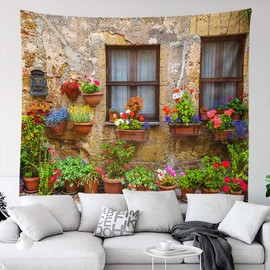 CHENGOR Tuscan Italy Tapestry Old Stone Wall Flowers Window Wall Hangings Tapestry Living Room Bedroom Dorm Man Cave Background 200x150cm