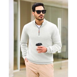 Cotrasen Mens Quarter Zip Pullover Winter 1/4 Zip Sweater Long Sleeve Warm Besiness Casual Mock Neck Dress Sweaters for Men White 2XL