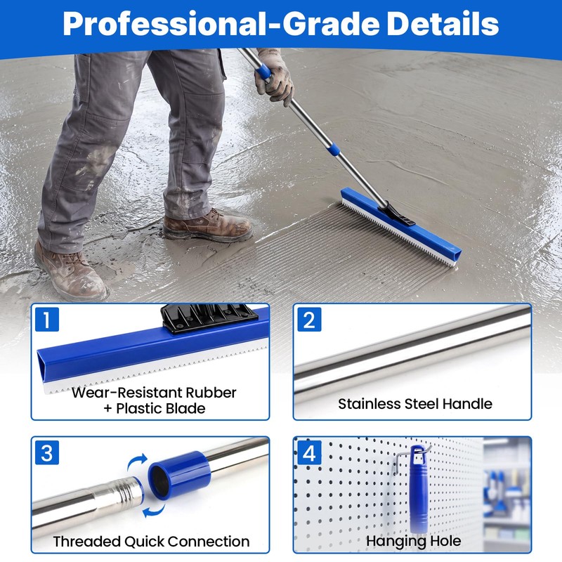 16" Notched Epoxy Floor Squeegee with 62" Long Handle for