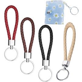 YGCQFH Set of 4 Car Motorcycle House Key Fob Braided Unisex Woven Leather Key Fob (Black/Burgundy/Beige/Brown) and 1 Blue Daisy Keyring