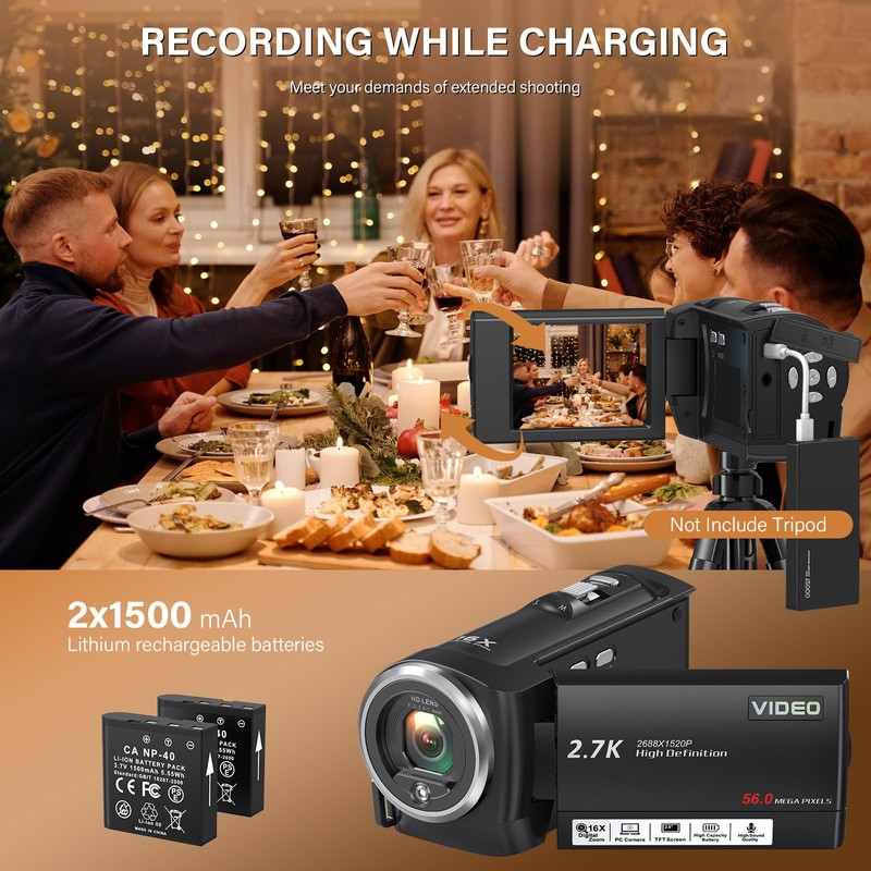 Muitune Camcorder Video Camera QHD 2.7K 56MP 16X Digital Zoom