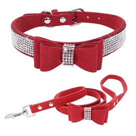 Small Dog Collar and Leash Set with Rhinestone Bow Knot Crystal Diamond Bling Girl Puppy Cat Collars Red S