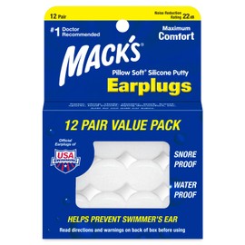 Tapones para los oídos de silicona suave Mack's Pillow - 12 pares, los tapones para los oídos originales de masilla de silicona moldeable para dormir, roncar, nadar, viajar, conciertos y estudiar