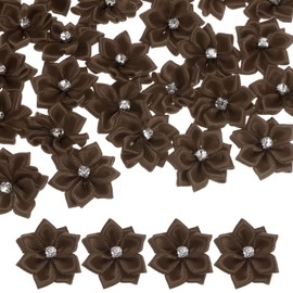M METERXITY 100-Pack Satin Ribbon Flowers, 1.2 Inch Mini Fabric Flowers with Rhinestones Flower Ribbon Appliques for Crafts DIY/Wedding/Ornament/Party/Home [Dark Coffee]