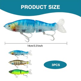 SANTUO 3Pcs Fishing Lures Multi Jointed Segmented Fishing Baits for Freshwater and Saltwater Slow Sinking Pike Lures with Hooks for Bass Trout Pike Walleye Salmon Crappie 4# Hooks