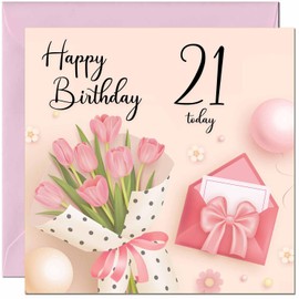 21st Birthday Card for Women - Ladies Pink floral Birthday Cards for 21 year old woman twenty one, twenty first Mum Nan Aunt Daughter Friend Niece Sister Wife Girlfriend Girls for her