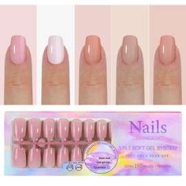 150Pcs Skin Tones Press on Nails Short Square Fake Nails In15 Sizes 3 IN 1 Nude Soft Gel Nail Tips Glossy Reusable Acrylic Nails No Need to File False Nails for Women Girls Manicure