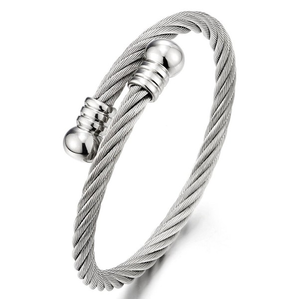 COOLSTEELANDBEYOND Elastic Adjustable Mens Womens Stainless Steel Twisted Cable Cuff