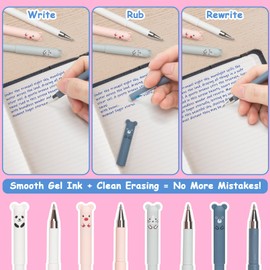 Mutsitaz Erasable Pens Blue Ink – 8pcs Cute Animal Friction Pens with 24 Refills, 0.7mm Rub Out Gel Pens for School & Office Supplies