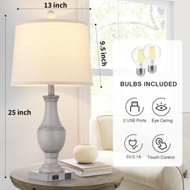 Farmhouse Table Lamps Set of 2, Rustic 25" Touch Control Bedside Lamps with 2 USB Ports & AC Outlet, Vintage 3-Way Dimmable Nightstand Lamp Linen Fabric Shade for Living Room Bedroom End Table Decor