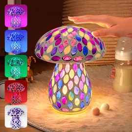Table Mushroom Lamp for Room Decor: Rechargeable Cordless Glass Bedside Table Lights - 5 Colors 2 Lighting Modes Touch Control - Cute Nightstand Purple Lamp for Ambient, Kids, Bedroom, Living Room