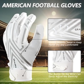 Graloky Football Gloves Men Women Boys, Youth Adult Football Receiver Gloves, Ultra Sticky Silicone Palm Tacky Grip Football Gloves, Enhanced Performance White Football Gloves for College (X-Large)