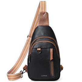 LATMAP Sling Bag for Women Men Leather Small Sling Backpack Daypack Anti Theft Fanny Pack Crossbody Purse Travel,Black with Brown