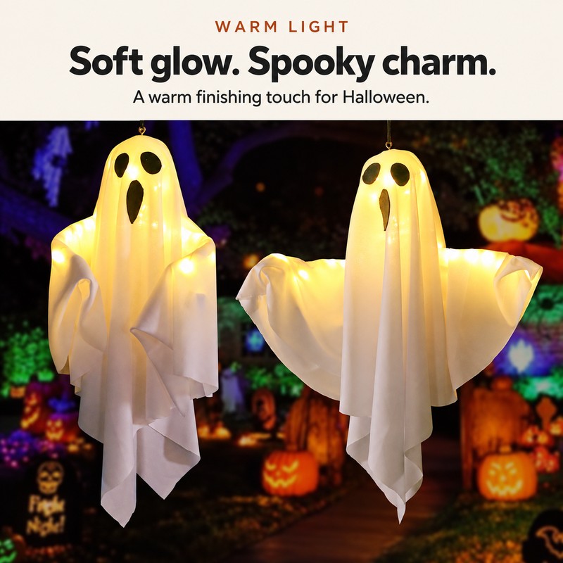 2-Pack Light-Up Hanging Ghost Decorations for Halloween – Warm LED