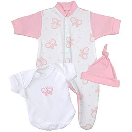 Premature Early Baby Girls Clothes 3 Piece Set - Sleepsuit, Bodysuit & Hat 1.5lb - 7.5lb BUTTERFLY P3