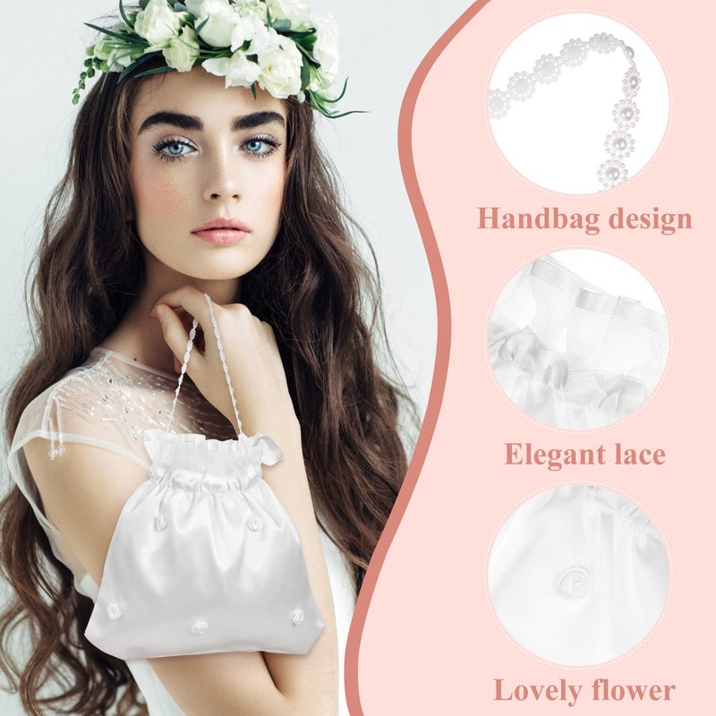 VORCOOL Bridal Bridesmaid White Satin Flower Dolly Bag Handbag,22X21x0.5cm