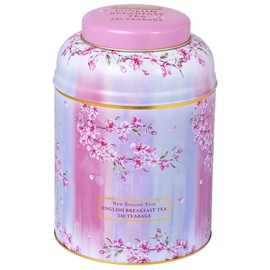 New English Teas Watercolour Cherry Blossom Tea Caddy with 240 English Breakfast Teabags