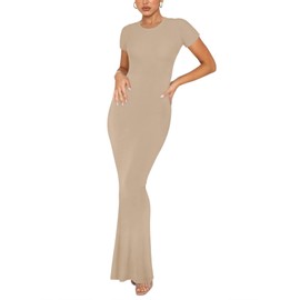 REORIA Women's Summer Casual Lounge Long Dress Elegant Short Sleeve Crew Neck Bodycon Maxi Dress, khaki