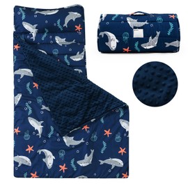 PHF Toddler Nap Mat with Removable Pillow and Minky Fleece Blanket, Rollup Design Warm Slumber Bags for Boys, 50"x20"x2" Kids Sleeping Bag for Daycare Preschool Travel Camping, Shark