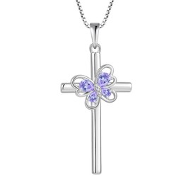 FJ Butterfly Cross Necklace 925 Sterling Silver June Birthstone Pendant Alexandrite Necklace Religious Crucifix Jewellery Gifts for Women