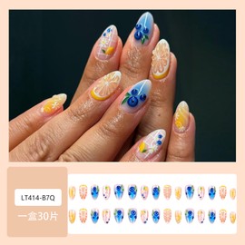 30Pcs Short Almond Press on Nails 3D Fruit Fake Nails Blueberry Citrus Daisy Flowers Design Cute Acrylic Nails Full Cover False Nail Tips Reusable Artificial Nails for Women Girls Daily Wear